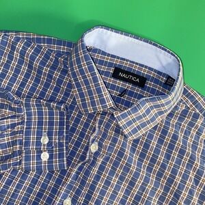 Nautica‎ Mens 16.5 32/33 Long Sleeved Blue Check Button Up Casual Dress Shirt